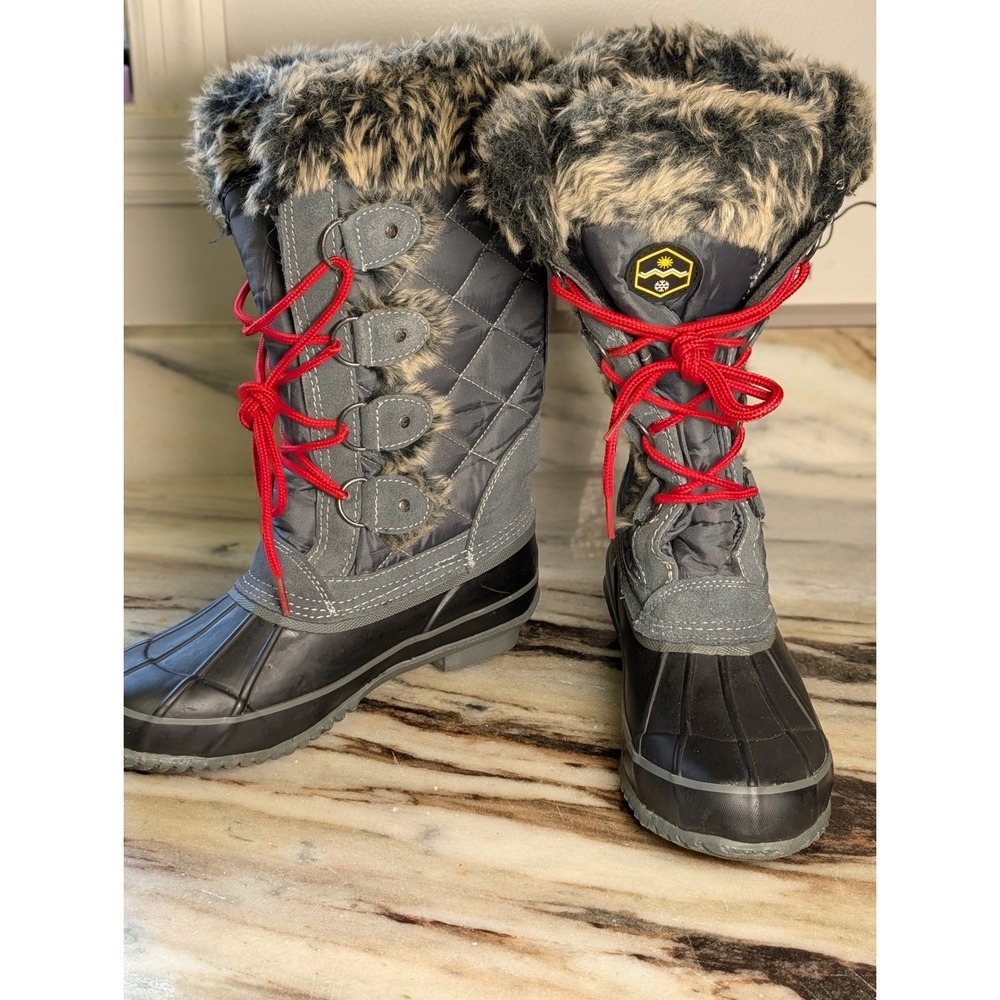 Womens Gray Black Quilted Faux Fur Trim Snow Duck Boots Size 7B Waterproof Cold